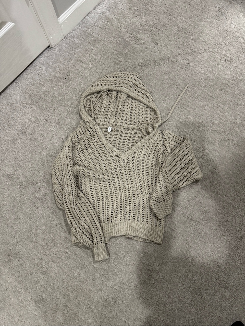 Wishlist Open-Weave V-Neck Hooded Sweater in Beige